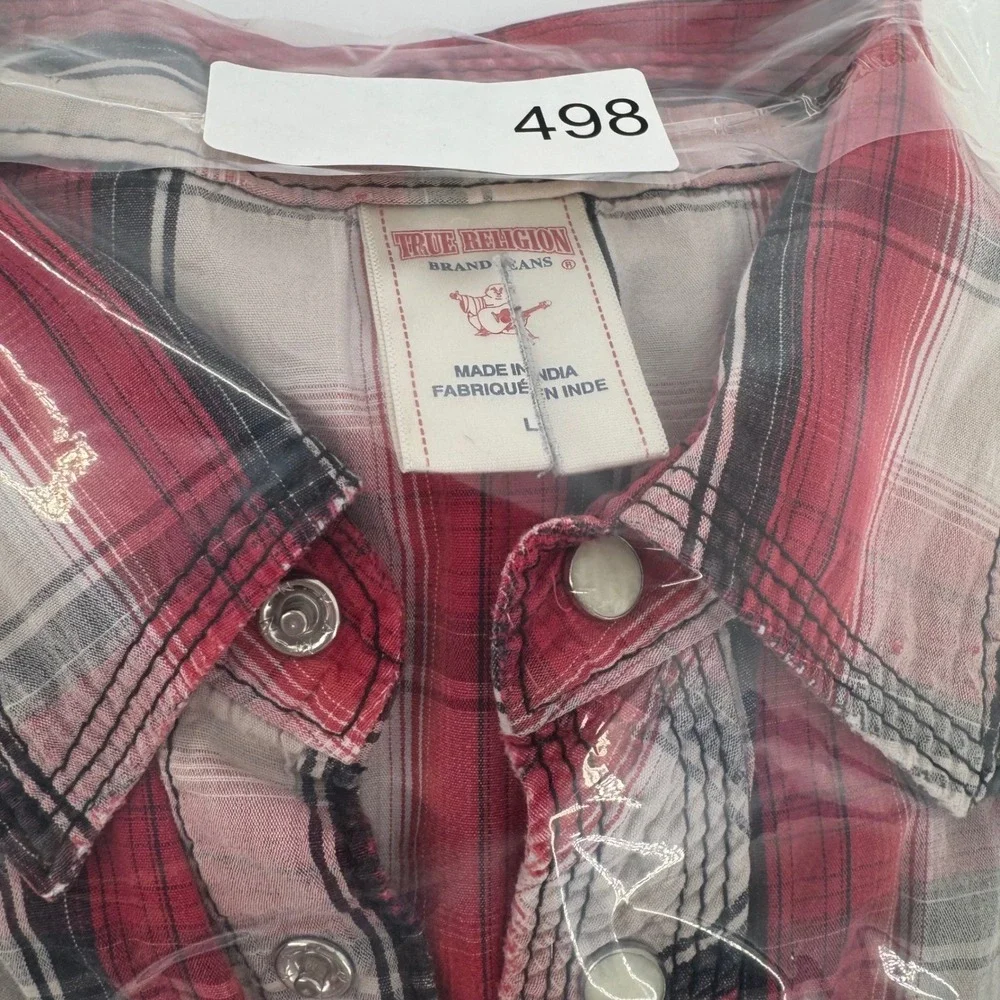 True Religion Plaid Pearl Snap Button Western Shirt Red Black White Size L *READ